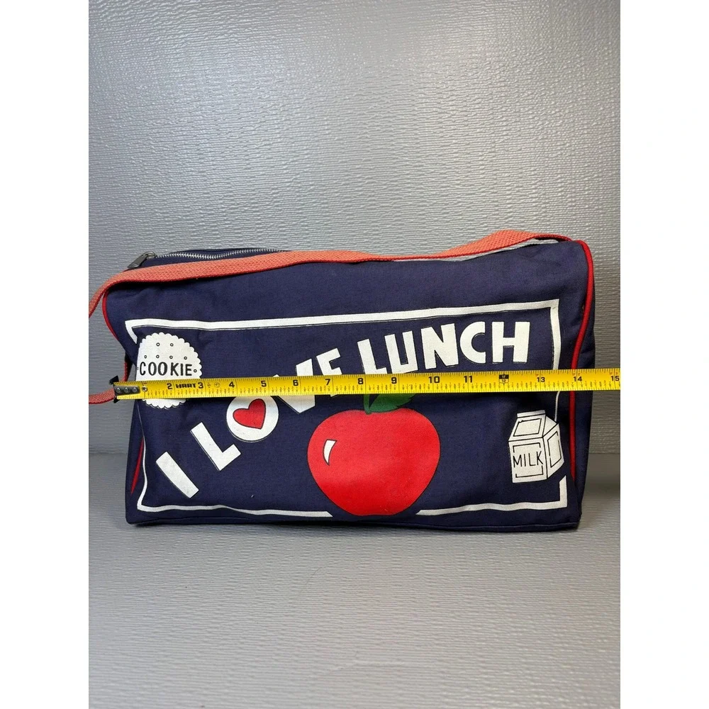 Vintage I Love Lunch Navy Canvas Bag Red Strap Apple Cookie Milk Graphic